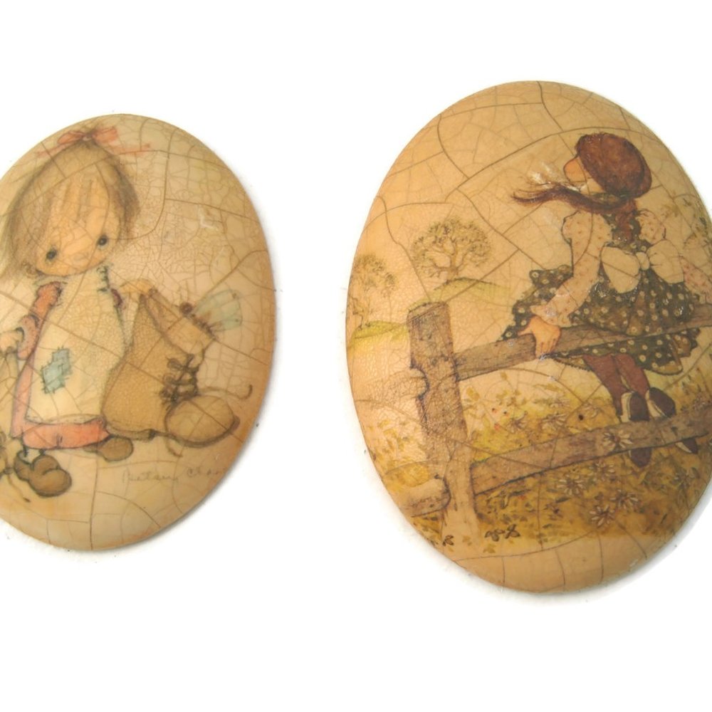 Vintage Antique Lot of 2 MAM Originals Oval Ceramic Wall Hangings - Little Girl